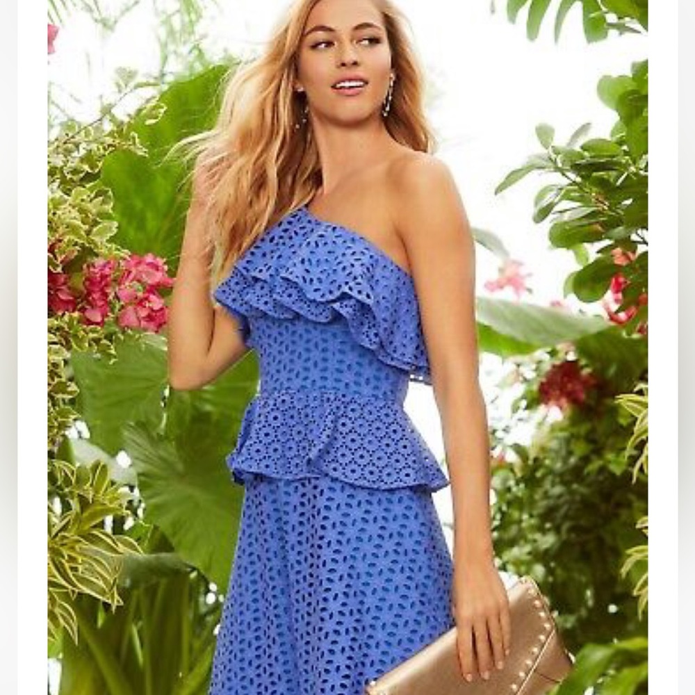 Lilly Pulitzer Josey Open Shoulder Dress Coastal Flower Petal Eyelet Blue NEW